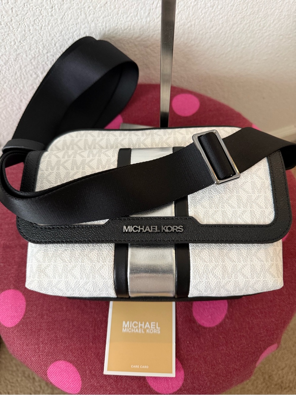 Michael Kors White Logo Crossbody with Black Trim and Silver Accent